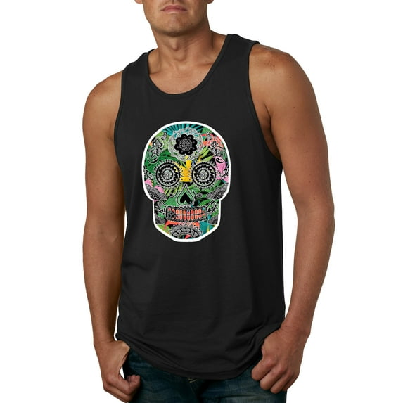 Day Of The Dead Calavera Skull Colorful Trippy | Mens Pop Culture Graphic Tank Top, Black, Small