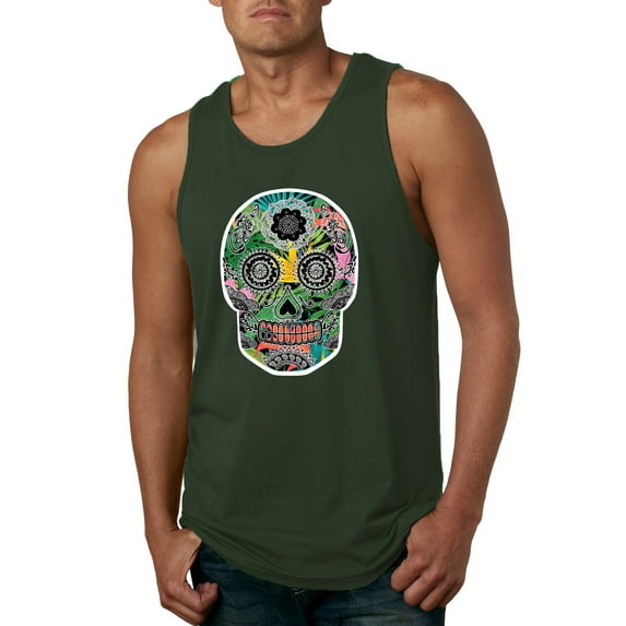 Day Of The Dead Calavera Skull Colorful Trippy | Mens Pop Culture Graphic Tank Top, Forest Green, 2XL