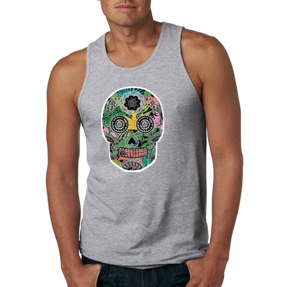 Day Of The Dead Calavera Skull Colorful Trippy | Mens Pop Culture Graphic Tank Top, Heather Grey, Small