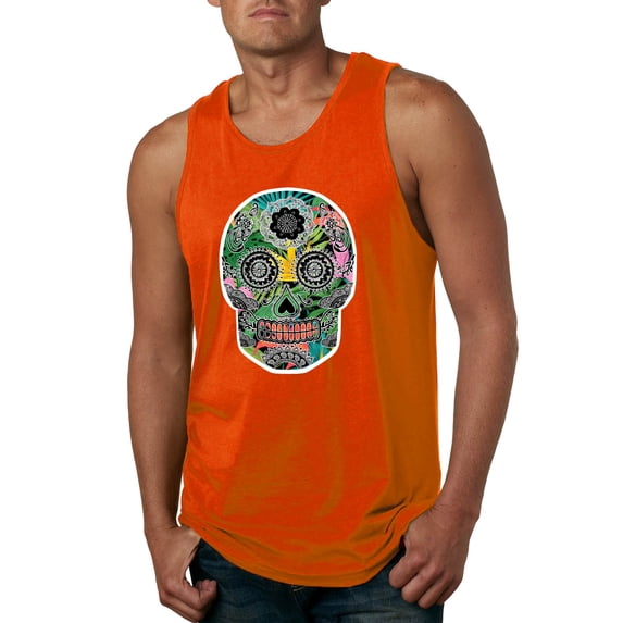 Day Of The Dead Calavera Skull Colorful Trippy | Mens Pop Culture Graphic Tank Top, Orange, 2XL