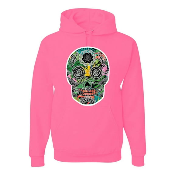 Day Of The Dead Calavera Skull Colorful Trippy | Mens Pop Culture Hooded Sweatshirt Graphic Hoodie, Neon Pink, X-Large