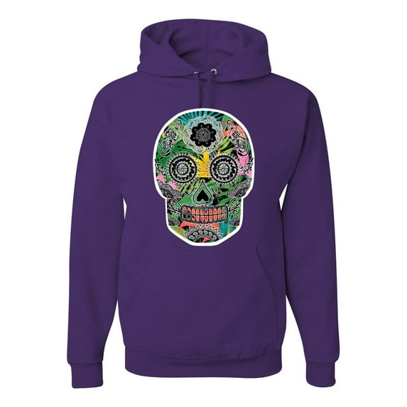 Day Of The Dead Calavera Skull Colorful Trippy | Mens Pop Culture Hooded Sweatshirt Graphic Hoodie, Purple, X-Large