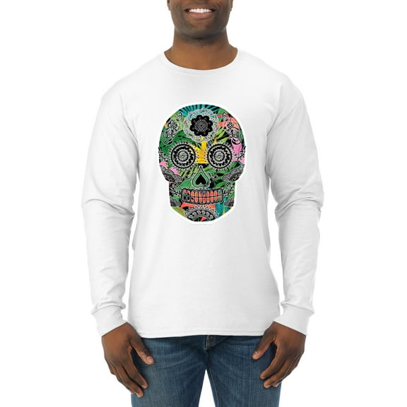 Day Of The Dead Calavera Skull Colorful Trippy | Mens Pop Culture Long Sleeve T-Shirt, White, Large