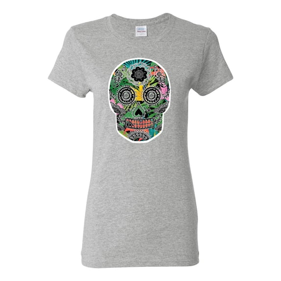 Day Of The Dead Calavera Skull Colorful Trippy | Womens Pop Culture Graphic T-Shirt, Heather Grey, X-Large