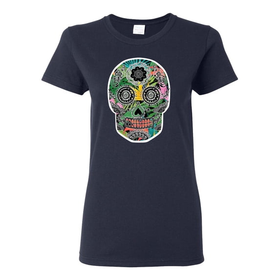 Day Of The Dead Calavera Skull Colorful Trippy | Womens Pop Culture Graphic T-Shirt, Navy, Medium