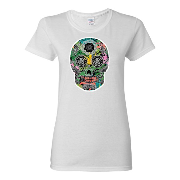 Day Of The Dead Calavera Skull Colorful Trippy | Womens Pop Culture Graphic T-Shirt, White, Small