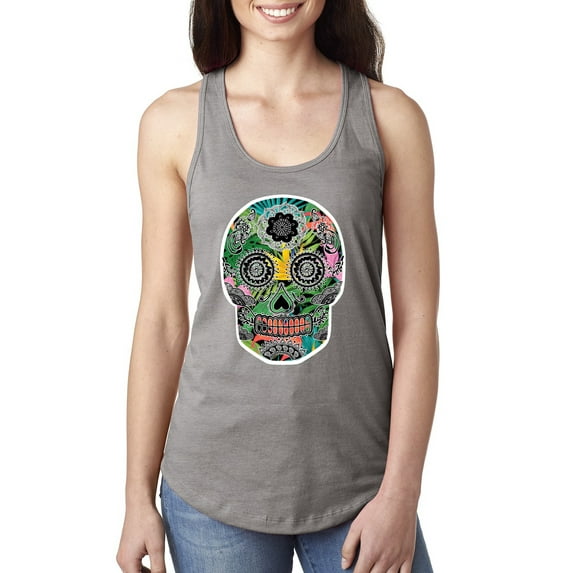 Day Of The Dead Calavera Skull Colorful Trippy | Womens Pop Culture Jersey Racerback Tank Top, Heather Grey, X-Large