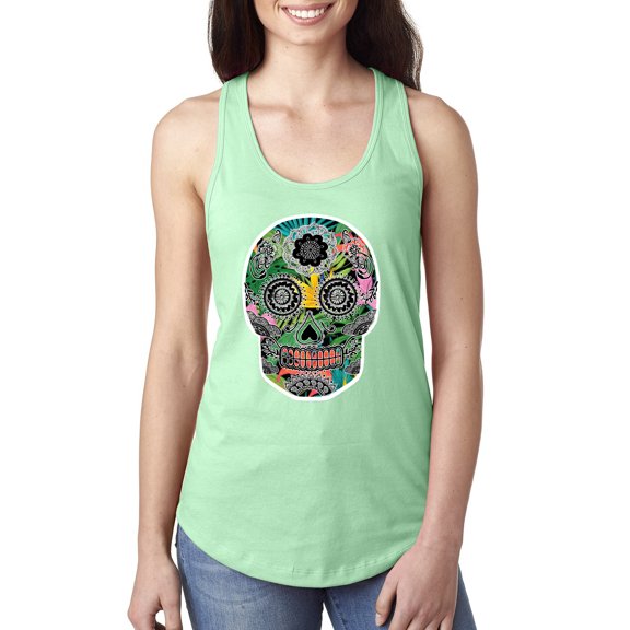 Day Of The Dead Calavera Skull Colorful Trippy | Womens Pop Culture Jersey Racerback Tank Top, Mint, X-Large