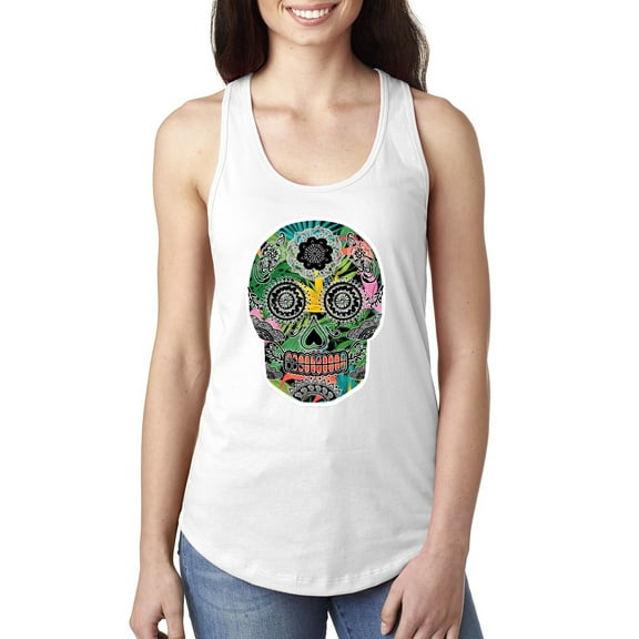 Day Of The Dead Calavera Skull Colorful Trippy | Womens Pop Culture Jersey Racerback Tank Top, White, X-Large
