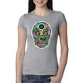 thumbnail image 1 of Day Of The Dead Calavera Skull Colorful Trippy | Womens Pop Culture Slim Fit Junior Tee, Heather Grey, 2XL, 1 of 4