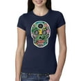 thumbnail image 1 of Day Of The Dead Calavera Skull Colorful Trippy | Womens Pop Culture Slim Fit Junior Tee, Navy, Large, 1 of 4