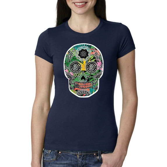 Day Of The Dead Calavera Skull Colorful Trippy | Womens Pop Culture Slim Fit Junior Tee, Navy, Large