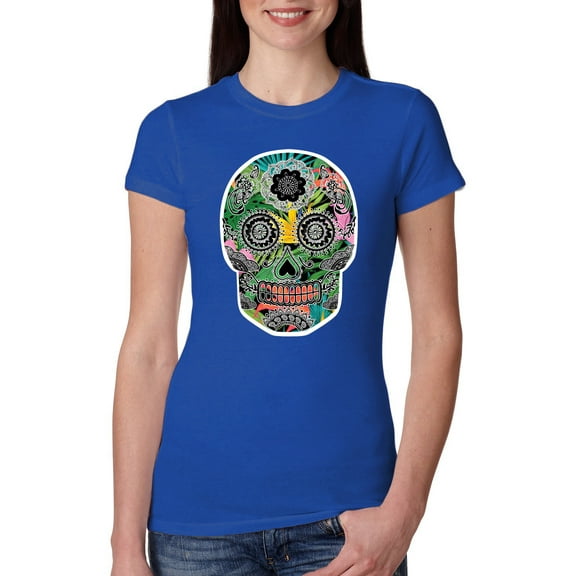 Day Of The Dead Calavera Skull Colorful Trippy | Womens Pop Culture Slim Fit Junior Tee, Royal, X-Large