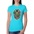 thumbnail image 1 of Day Of The Dead Calavera Skull Colorful Trippy | Womens Pop Culture Slim Fit Junior Tee, Tahiti Blue, Medium, 1 of 4