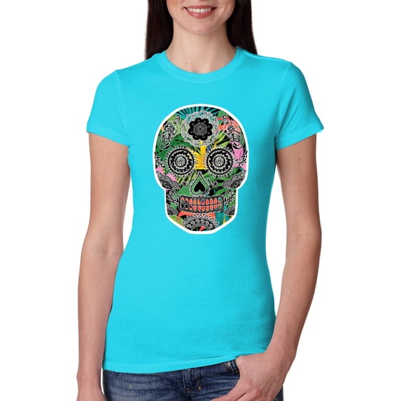 Day Of The Dead Calavera Skull Colorful Trippy | Womens Pop Culture Slim Fit Junior Tee, Tahiti Blue, Medium
