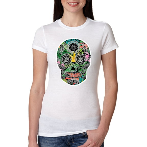 Day Of The Dead Calavera Skull Colorful Trippy | Womens Pop Culture Slim Fit Junior Tee, White, Medium
