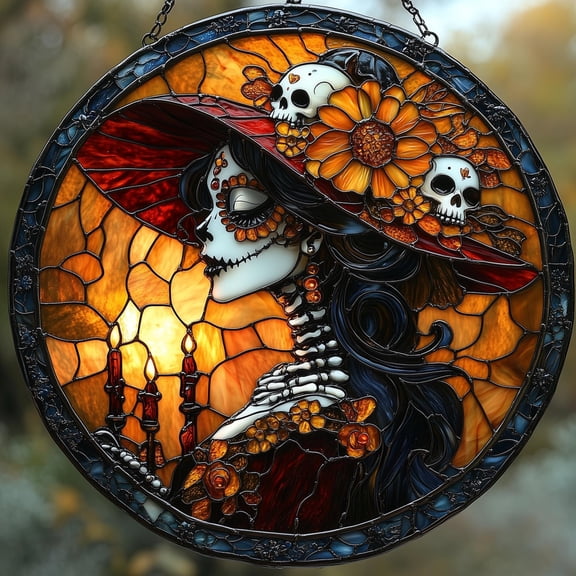 Day Of The Dead Catrina Acrylic Suncatcher Gothic Floral Skeleton Lady Faux Stained Glass Window Hanging Round Panel Gift