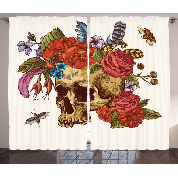 Ambesonne Gothic Curtains 2 Panel Set, Skull Flowers Bees, 108" x 96", Multicolor