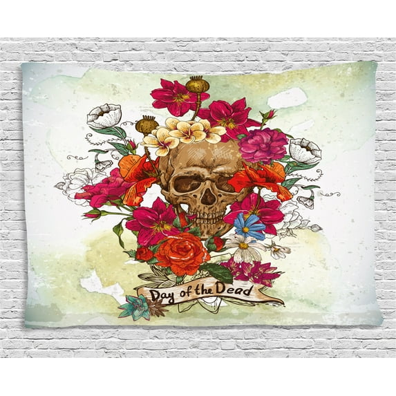 Day Of The Dead Decor Tapestry, Skull Dead Head with Flowers Daisies Spanish Festive Tradition Print, Wall Hanging for Bedroom Living Room Dorm Decor, 60W X 40L Inches, Multicolor, by Ambesonne