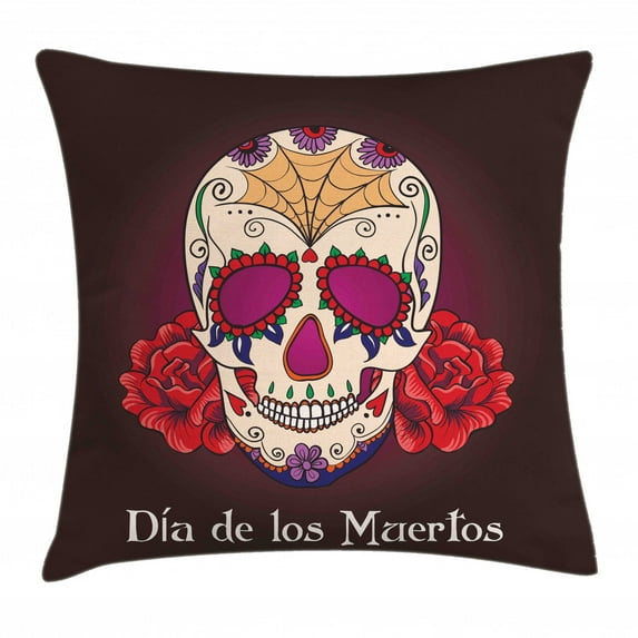 Day Of The Dead Decor Throw Pillow Cushion Cover, Dia de Los Muertos Quote with Spanish Skull Dead Head Vivid Print, Decorative Square Accent Pillow Case, 20 X 20 Inches, Plum Red Cream, by Ambesonne