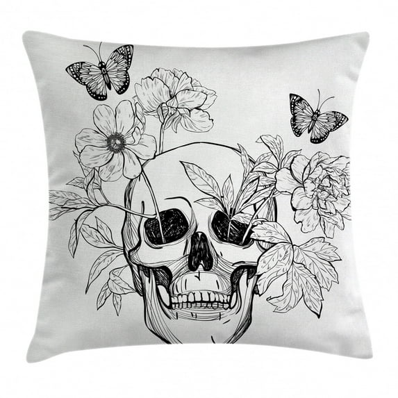 Day Of The Dead Decor Throw Pillow Cushion Cover, Skull with Flower Blooms and Butterflies Vintage Gothic Print, Decorative Square Accent Pillow Case, 18 X 18 Inches, Black and White, by Ambesonne