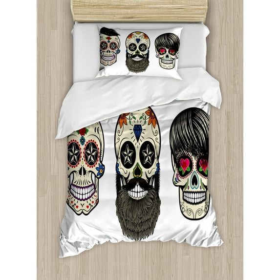 Day Of The Dead Decor Twin Size Duvet Cover Set, Skull Human Heads with Happy Faces Floral and Geometric Shaped Eyes, Decorative 2 Piece Bedding Set with 1 Pillow Sham, Multicolor, by Ambesonne