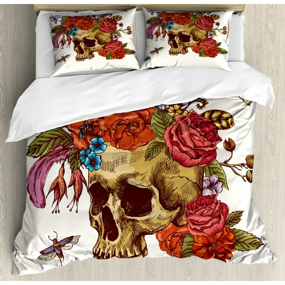 Day Of The Dead Duvet Cover Set Queen Size, Vintage Sugar Skull Bouquet of Flowers Feathers Blooms Bugs and Bees Print, Decorative 3 Piece Bedding Set with 2 Pillow Shams, Multicolor, by Ambesonne
