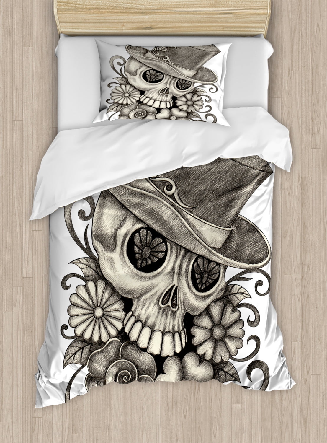 Twin Gray and White Skull Duvet Cover Set