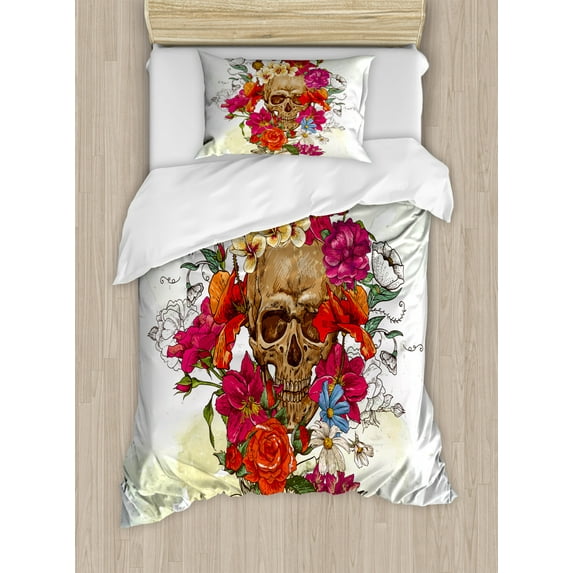 Day Of The Dead Duvet Cover Set Twin Size, Skull Dead Head with Flowers Daisies Spanish Festive Tradition Celebration, Decorative 2 Piece Bedding Set with 1 Pillow Sham, Multicolor, by Ambesonne