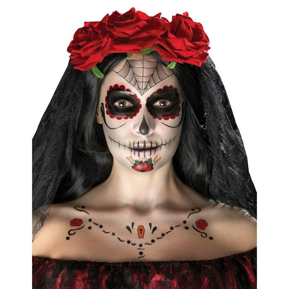 Day Of The Dead Face Tattoo Transfers Kit Aqua Adult Red Black Cosmetics Disguises One Size Unisex Fancy Dress Party Book Week Halloween