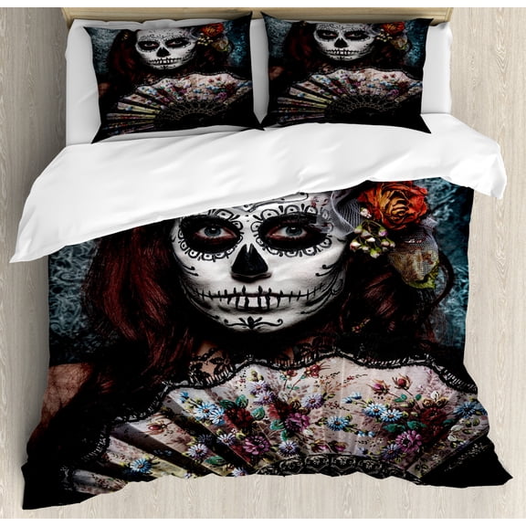 Day Of The Dead King Size Duvet Cover Set, Make up Artist Girl with Dead Skull Scary Mask Roses Artwork Print, Decorative 3 Piece Bedding Set with 2 Pillow Shams, Cadet Blue Maroon, by Ambesonne