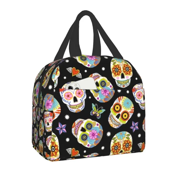 Day Of The Dead Mexican Sugar Skull Insulated Lunch Bag Waterproof Halloween Cooler Thermal Lunch Box for Women Work School Food
