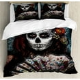 thumbnail image 1 of Day Of The Dead Queen Size Duvet Cover Set, Make up Artist Girl with Dead Skull Scary Mask Roses Artwork Print, Decorative 3 Piece Bedding Set with 2 Pillow Shams, Cadet Blue Maroon, by Ambesonne, 1 of 3