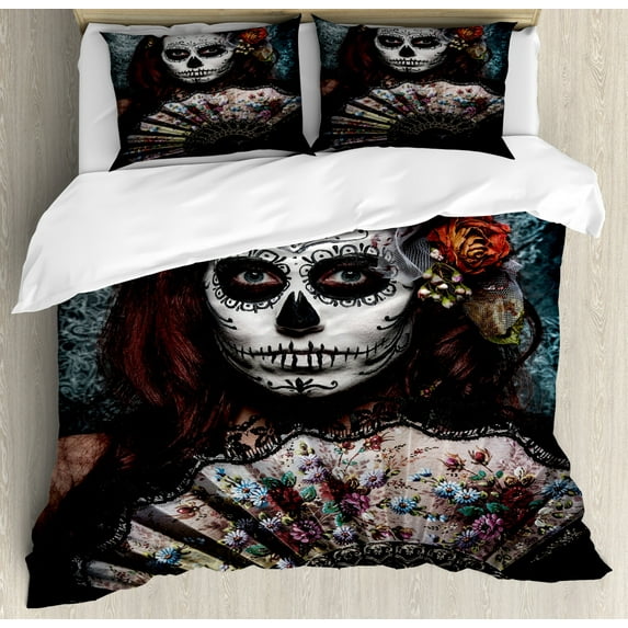 Day Of The Dead Queen Size Duvet Cover Set, Make up Artist Girl with Dead Skull Scary Mask Roses Artwork Print, Decorative 3 Piece Bedding Set with 2 Pillow Shams, Cadet Blue Maroon, by Ambesonne