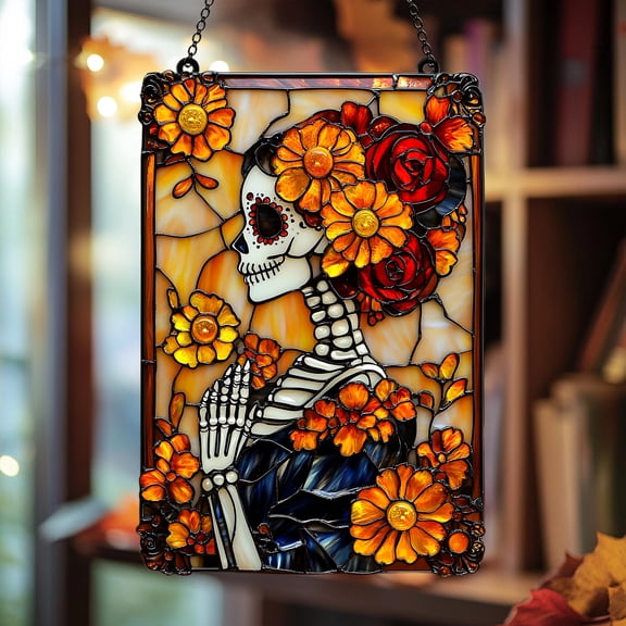 Day Of The Dead Skeleton Acrylic Window Hanging – Faux Acrylic Suncatcher With Marigolds & Roses, Dia De Los Muertos Decor