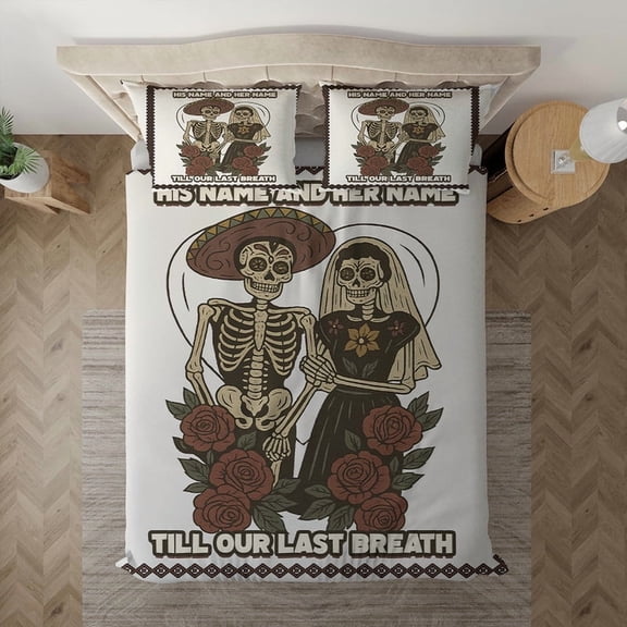 Day Of The Dead Skeleton Couple Bedding Set - Romantic Gothic "Till Our Last Breath" Bedroom Decor