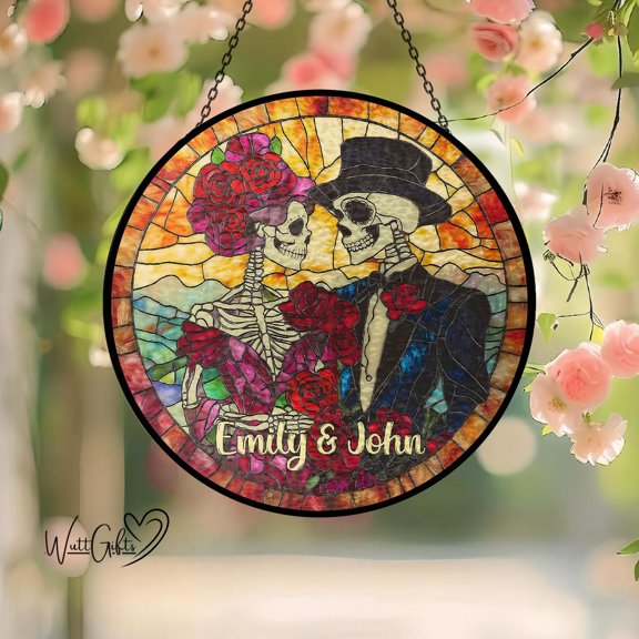 Day Of The Dead Skeleton Couple Stained Glass Suncatcher,Window/Home Decoration,Memorial Suncatcher,Personalized Halloween Creative Gifts.