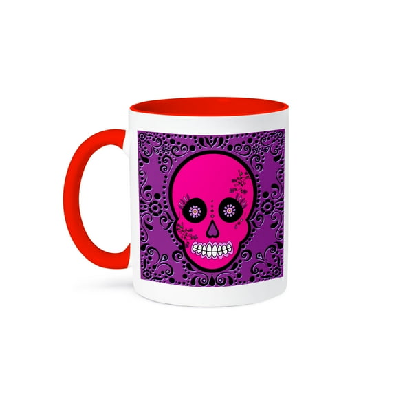 3dRose, Day of the Dead Skull Día de los Muertos Sugar Skull Pink Purple Black Scroll Design, 15oz Two-Tone Red Mug