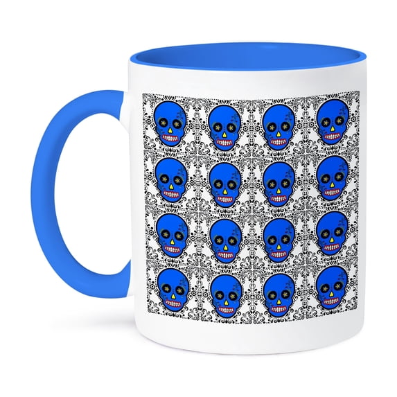 3dRose, Day of the Dead Skull Día de los Muertos Sugar Skull Print Blue, 11oz Two-Tone Blue Mug
