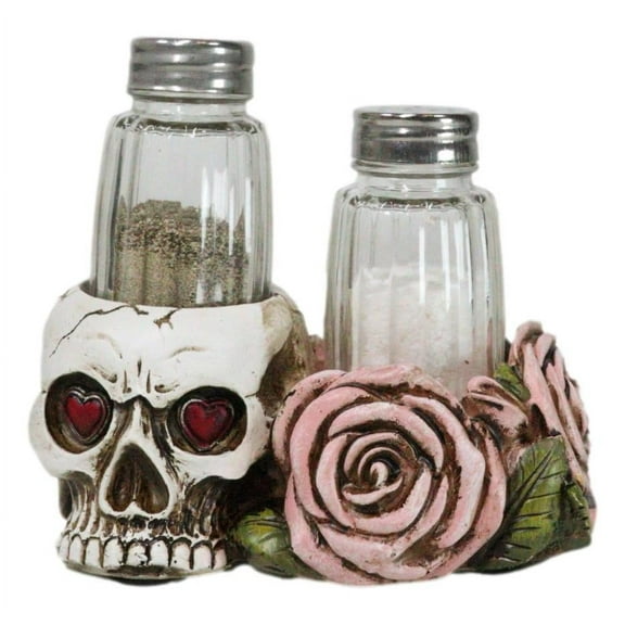 Day Of The Dead Skull With Red Heart Eyes Pink Roses Salt Pepper Shakers Holder