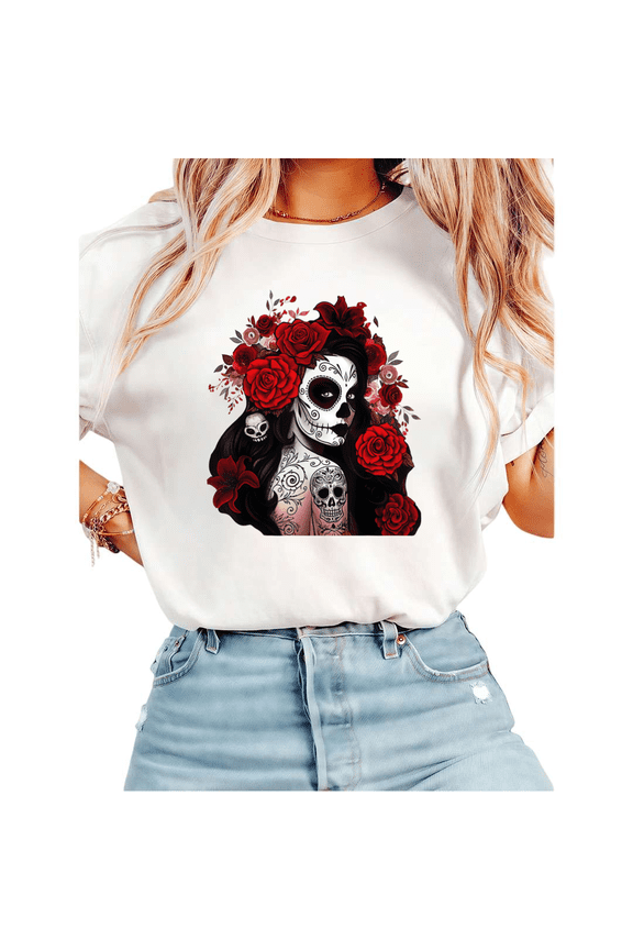 Day Of The Dead Sugar Skull Graphic Tees T Shirt Cotton Casual Apparel Trendy Gothic Tops Short Sleeve White S-5XL