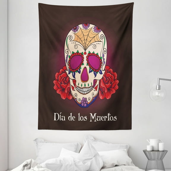 Day Of The Dead Tapestry, Dia de Los Muertos Quote Spanish Skull Dead Head Skeleton Vivid Print, Wall Hanging for Bedroom Living Room Dorm Decor, 60W X 80L Inches, Plum Red Cream, by Ambesonne