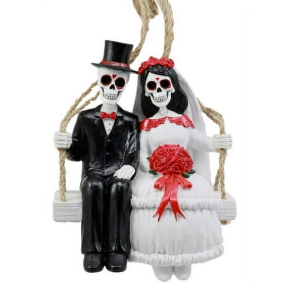 Day Of The Dead Wedding Swingers Skeleton Bride & Groom On Rope Swing Figurine