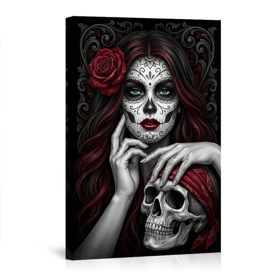 Day Of The Sugar Skull Woman With Red Rose Bold Gothic Striking Modern Home Studio Canvas