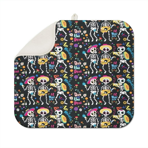 Day Of the Dead Halloween Pattern Dish Drying Mat for Kitchen 1 Pack, Ultra Absorbent Microfiber Dishes Drainer Mats,16x18in(41x46cm)