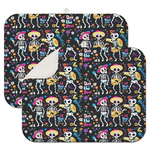 Day Of the Dead Halloween Pattern Dish Drying Mat for Kitchen 1 Pack, Ultra Absorbent Microfiber Dishes Drainer Mats,18x24in(46x61cm)