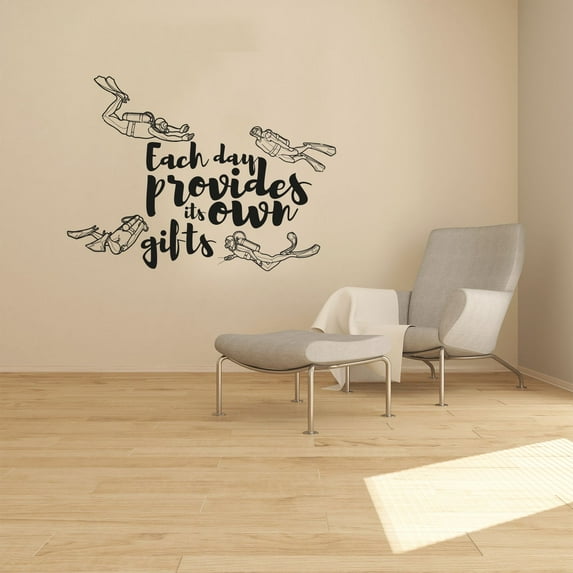 Each Day Provides Its Own Gifts Quote Scuba Diving Silhouette Vinyl Design Wall Sticker Wall Art Wall Decal Boy Girl Kid Room Bedroom Scuba Diver Home Decor Stickers Decoration Size (22x30 inch)