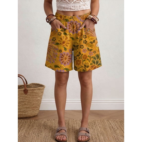 Day Resort Spirit Print High Waisted Casual Lounge Shorts with Pockets, Elastic Waist Athletic Beach