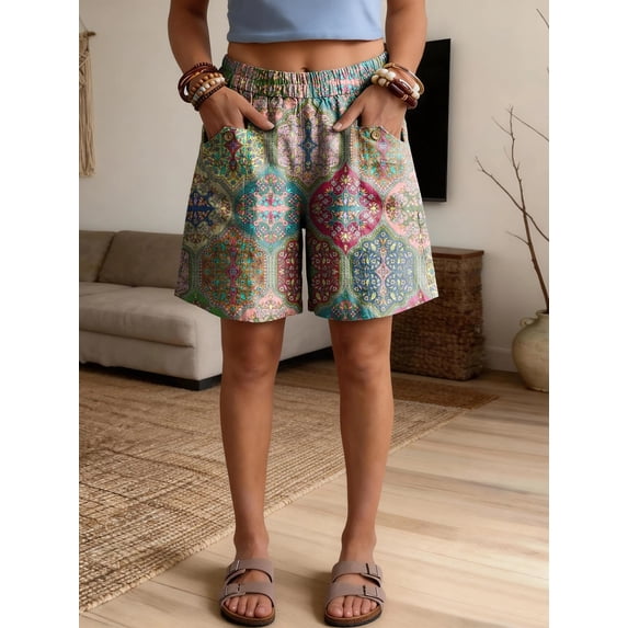 Day Resort Spirit Print High Waisted Casual Lounge Shorts with Pockets, Elastic Waist Athletic Beach