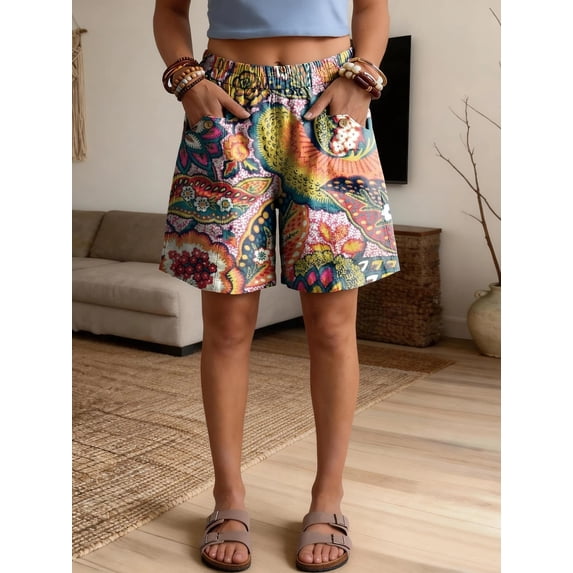 Day Resort Spirit Print High Waisted Casual Lounge Shorts with Pockets, Elastic Waist Athletic Beach
